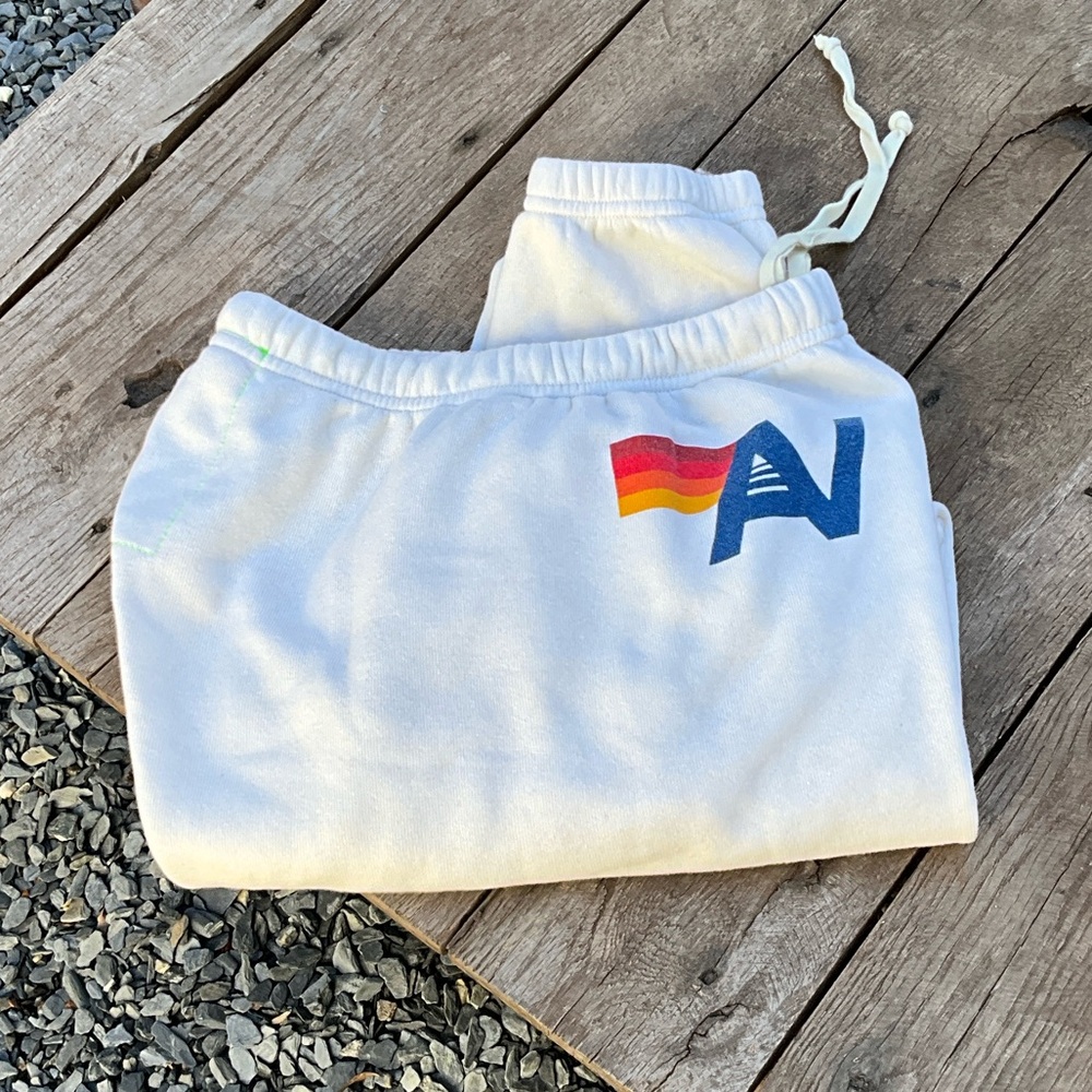 Aviator Nation White Sweatpants with Blue and Red Logo